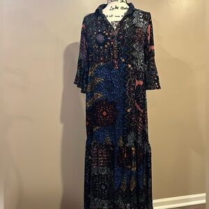 JOHNNY WAS Nash Burnout Velvet Patchwork Print V-Neck 3/4 Sleeve Midi Dress